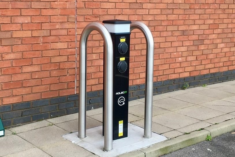 2 Stainless Steel Hooped Bollards Protecting EV Equipment image
