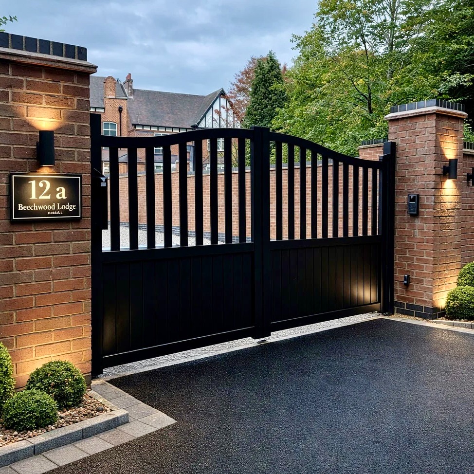 Aluminium Driveway Double Gate: Bell Curved Top 
Semi-Privacy Vertical Infill in Black or Grey