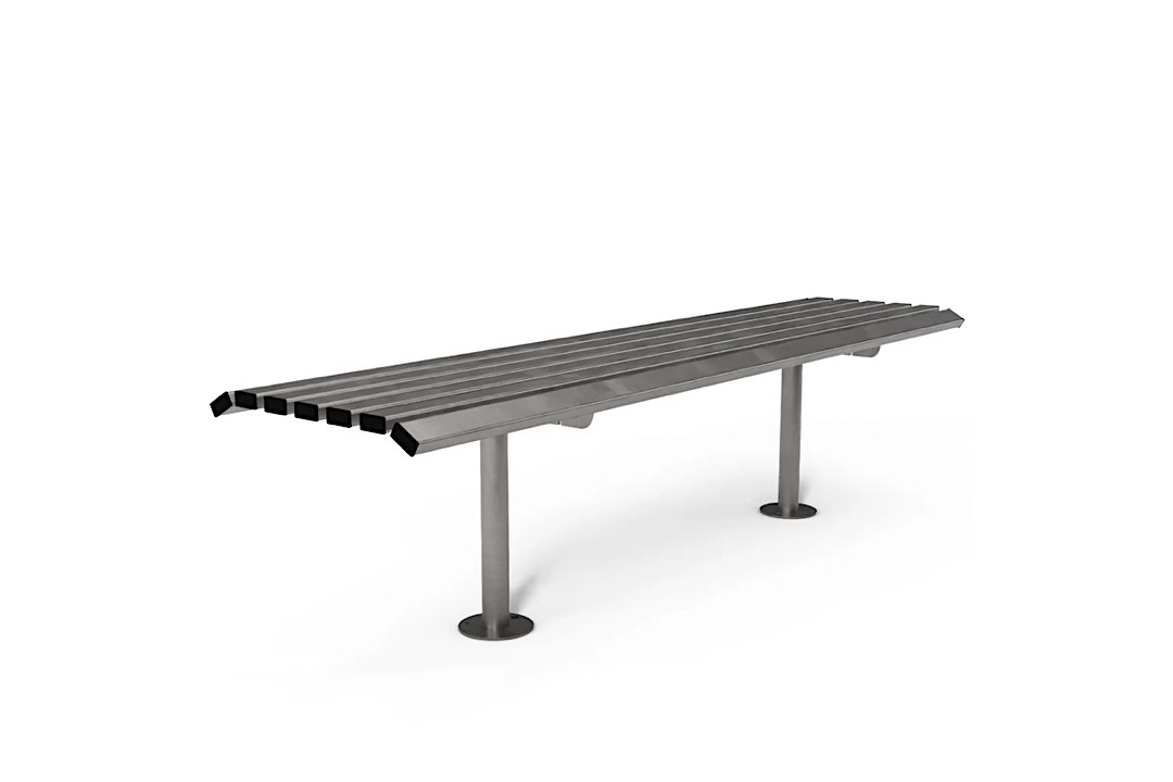 Rendered image of a stainless steel park bench, bolt-down