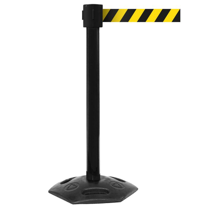 All-Weather Belt Barrier: 10.6M Ribbon Warning Msg + 3 Yr GTE Drive-over Base & Carry Handles Portable with Post Colour Choice