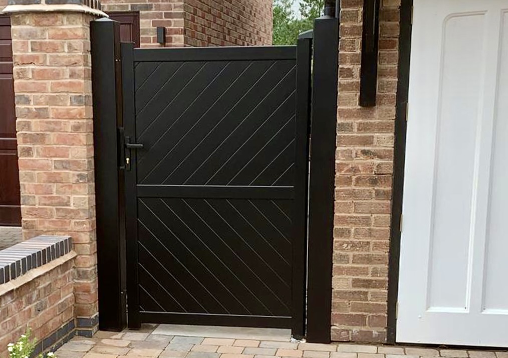 Side Gate in Aluminium Flat Topped 
With Diagonal Solid Infill in Grey or Black.