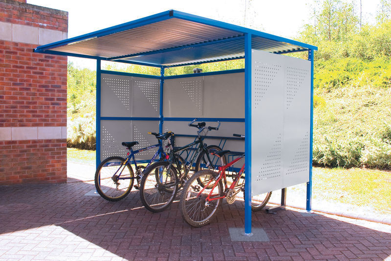 Blue framed perforated panelled smart cycle shelter