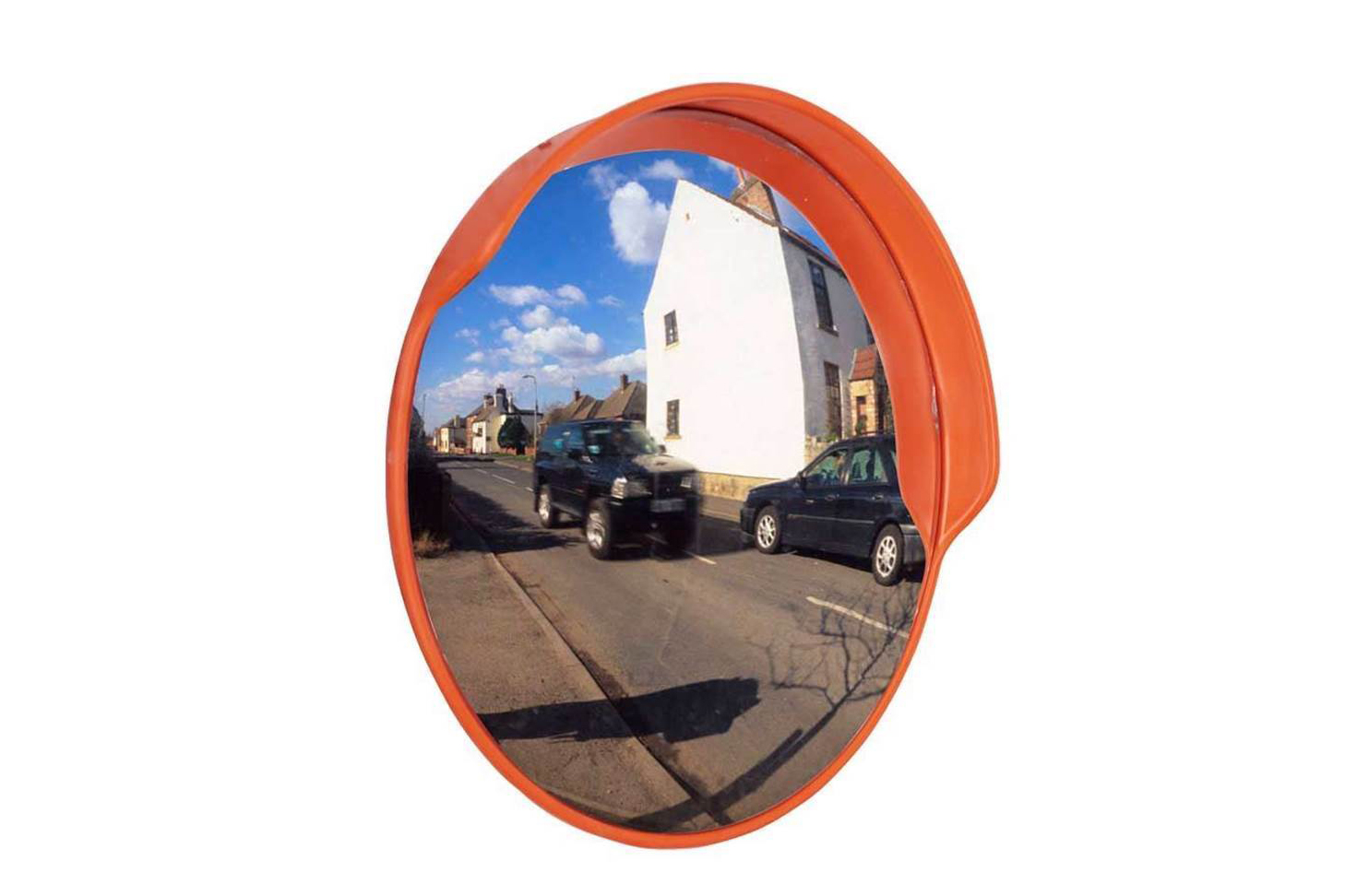 Traffic Convex Mirror: 'Hooded' Hi-Vis Orange 
Impact Resistant Accident Blind Spot Saver