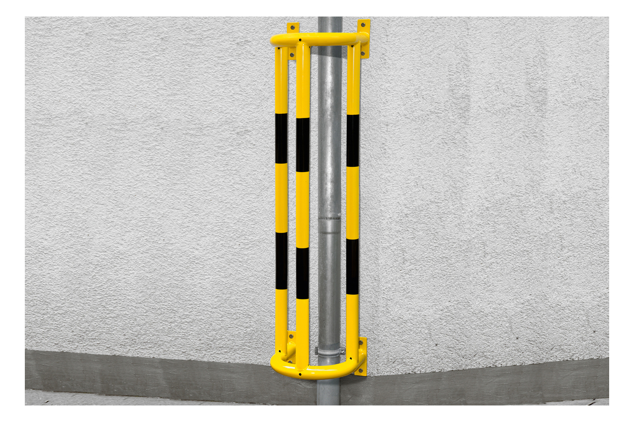 Vertical Pipe Protectors. Wall Mounted. Strong steel protection of pipes against accidental damage by passing vehicles. Easily installed. Hi-Vis