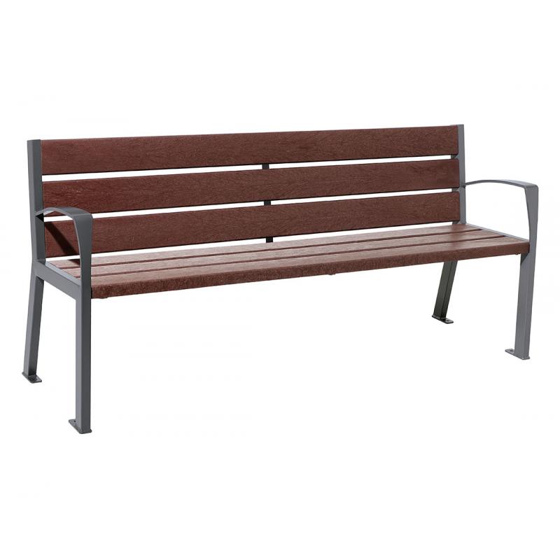 Bench for outdoor sitting. Resistance to wear and tear and nasty weather. 100% recycled and recyclable.