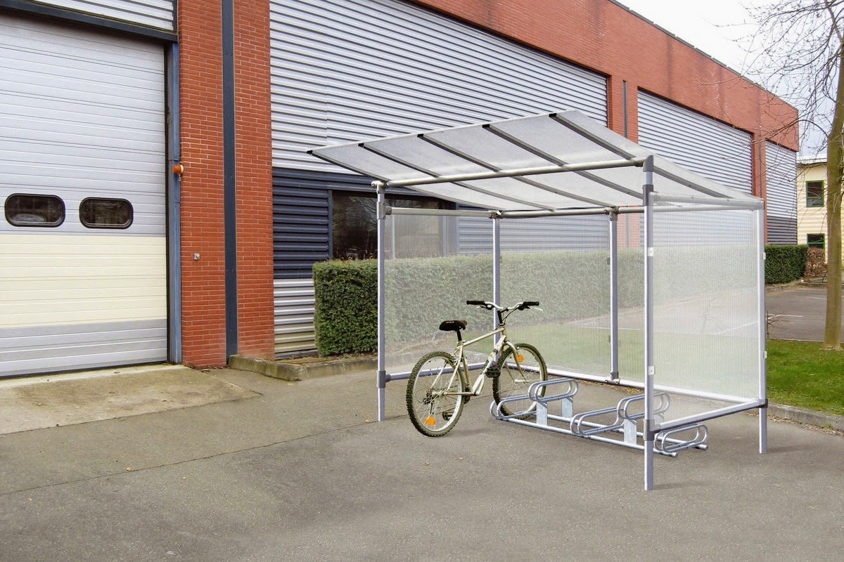Economy Bike Shelter with cladding & optional accessory Eco 5 Space Bike Rack.
