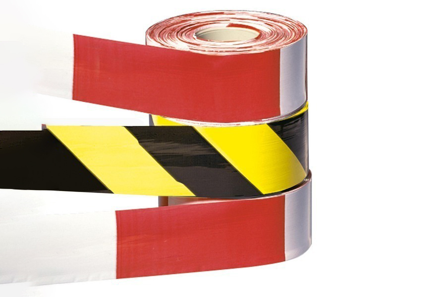 Barrier Tapes in Block Colour Stripes - 80mm x 500metre roll in Dispensing Carton for Outdoor & Indoor Suitability