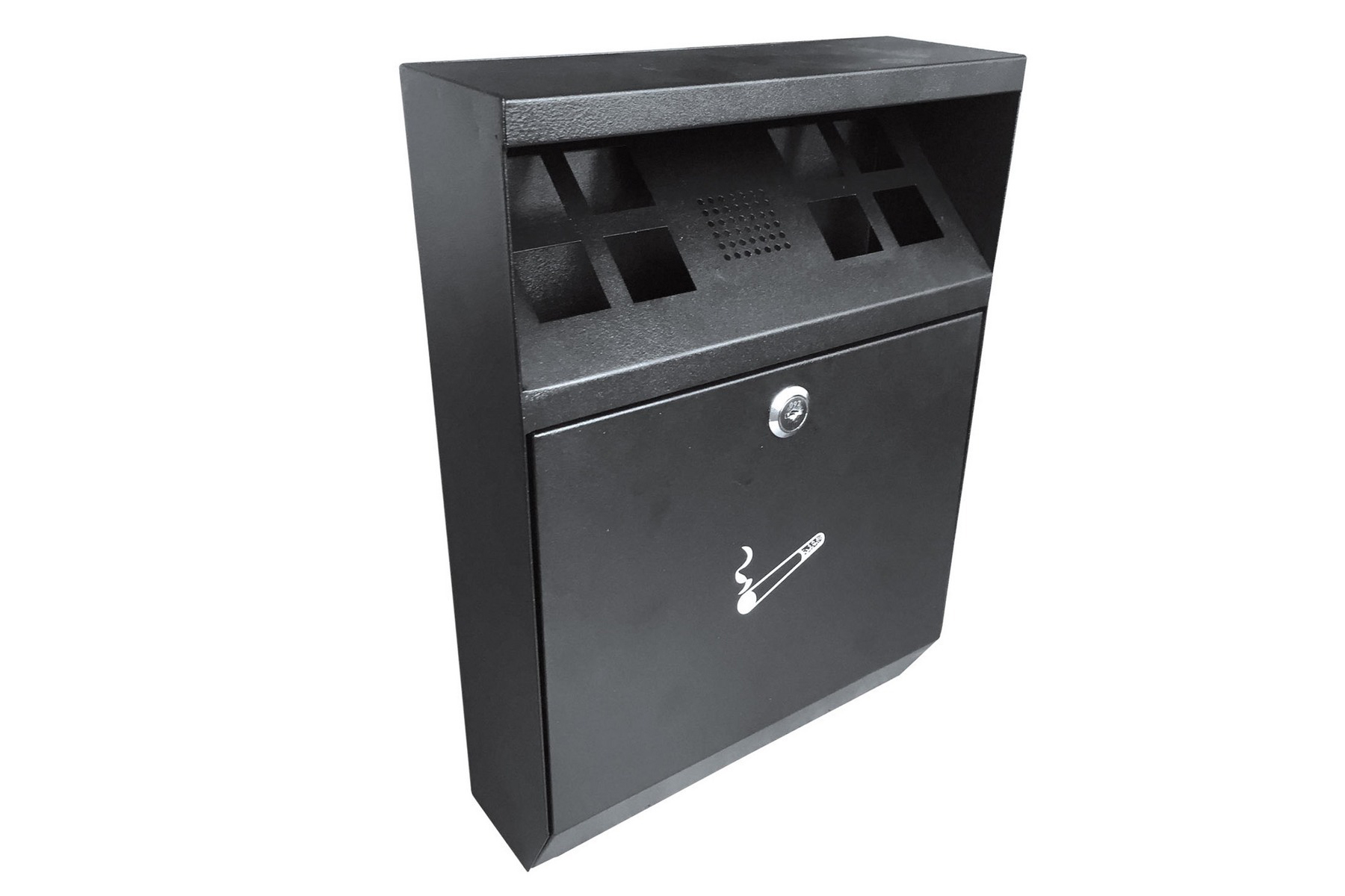 Ashtray litter Bin. Fixed to any wall. Oxygen restricting design to safely extinguish cigarettes. Helps keeping tidy the area