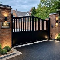 Aluminium Driveway Double Gate: Bell Curved Top 
Semi-Privacy Vertical Infill in Black or Grey