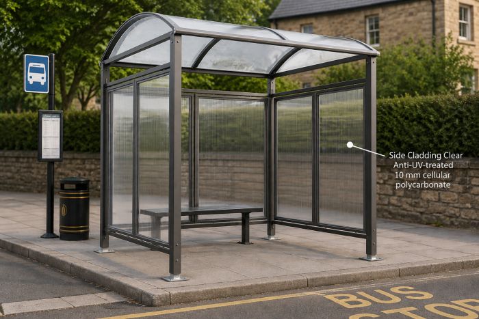 ALL-IN-ONE&#x20;Voute&#x20;&quot;M&quot;&#x20;Dome&#x20;Roof&#x20;Shelter&#x3A;&#x20;&#x28;2.5m&#x20;or&#x20;5m&#x29;&#x0D;&#x0A;Aluminium&#x20;Profile&#x20;Frame&#x20;Rear&#x20;and&#x20;Side&#x20;Cladding&#x20;&#x0D;&#x0A;&#x2B;&#x20;Clear&#x20;Anti-UV-treated&#x20;10&#x20;mm&#x20;cellular&#x20;polycarbonate.