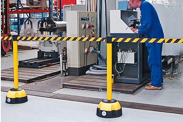 Stretch Belt Barrier Post and Belt 3-4mt. Hi-Vis. Base fillable with sand or water. Protect pedestrian areas from traffic 
