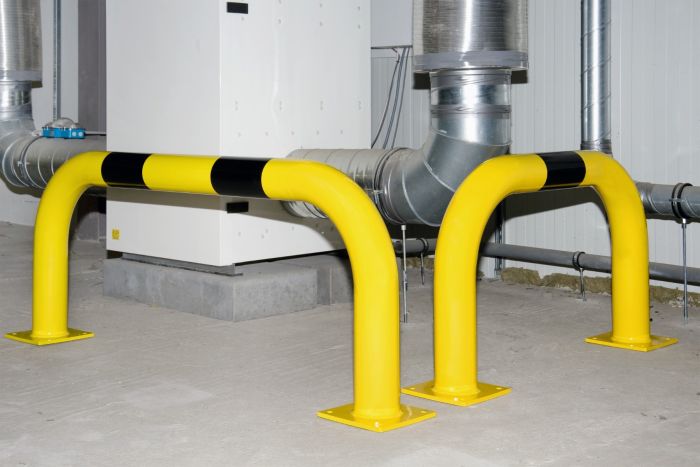 Heavy Duty Hooped Protection Guards: (108mm Diameter)
Indoors: Powder Coat Yellow & Black Bands
Outdoors: Galv. Powder Coat Yellow & Black Bands
