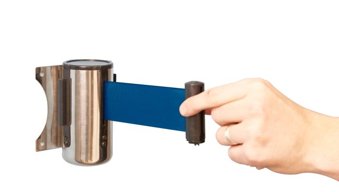 Wall&#x20;Mounted&#x20;Belt&#x20;Barrier&#x20;with&#x20;Blue&#x20;Belt&#x20;and&#x20;a&#x20;smart&#x20;stainless&#x20;steel&#x20;casing&#x20;for&#x20;a&#x20;sleek&#x20;look