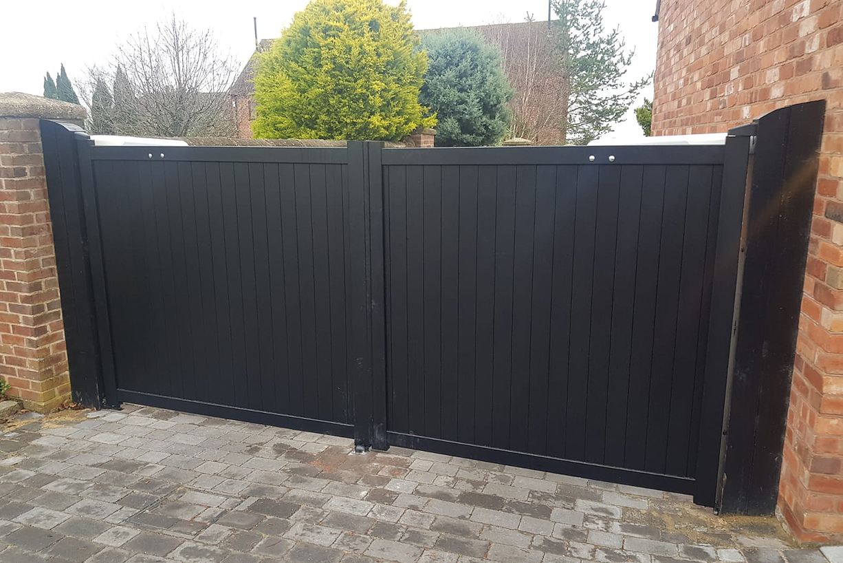 Driveway Double Gate in Grey or Black Aluminium 
Vertical Solid Infill and Flat topped