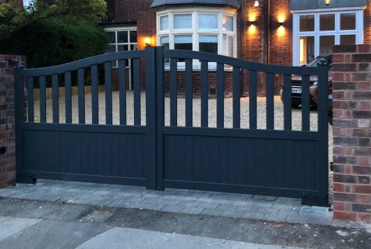 Driveway Double Gate with Curved Top & Mixed Infill 
In Grey or Black Aluminium - Strong and Stable