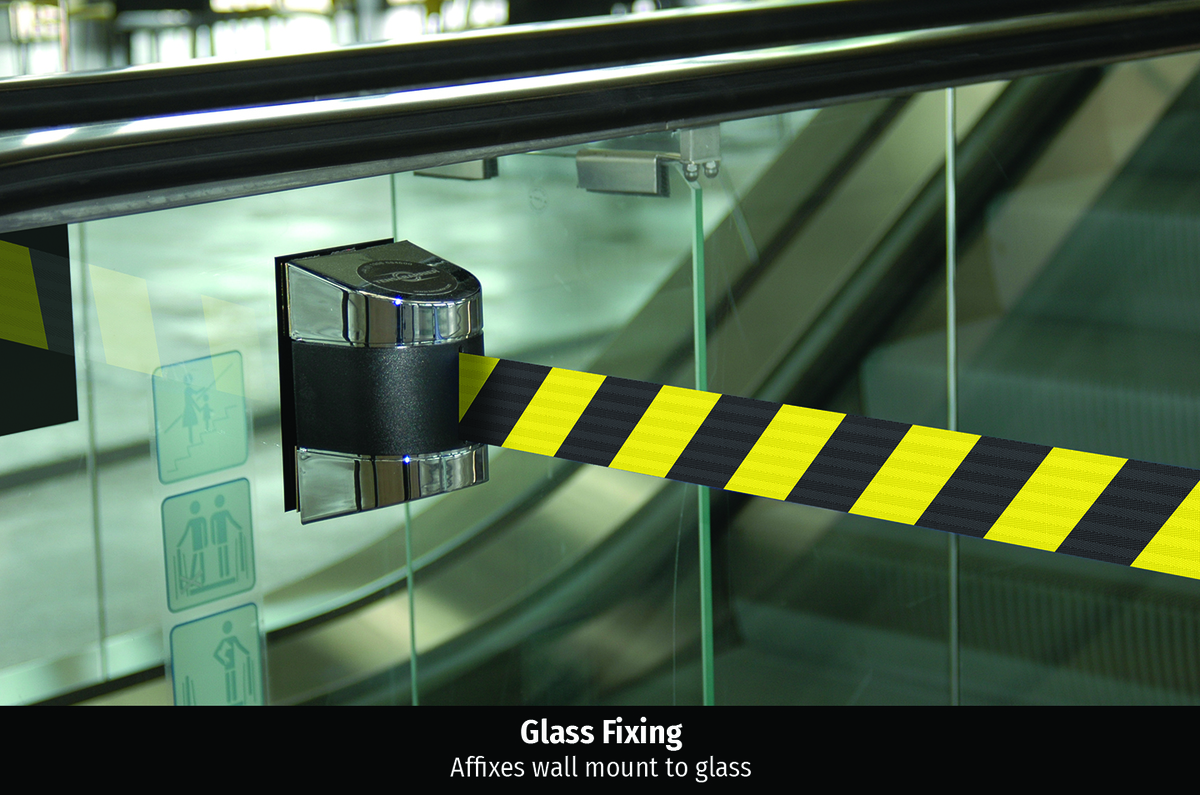 Tensabarrier Midi Wall Glass Fix Mounted Barrier 
4.6m Standard Tape End and Glass Fixed Wall Clip Provided