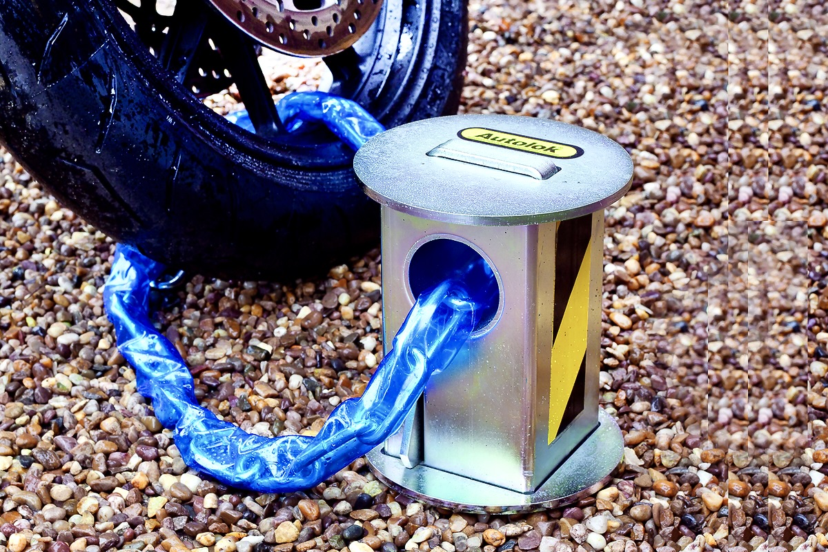 Autolok Telescopic Metal Heavy-Duty Ground Anchor 
Security for Motorcycles, Quads, Trailers & Lawnmowers
(The KTGA Best Buy Product In Magazine Tests)