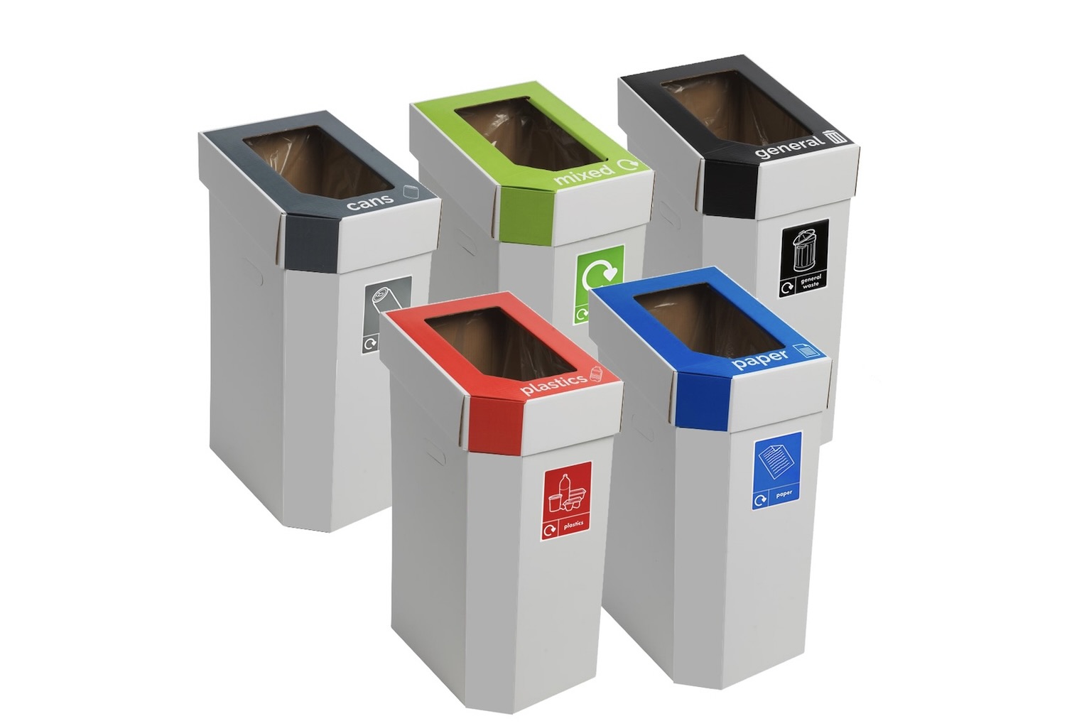 Recycling Bins in Cardboard (Set of 5): 60 Ltr Capacity
Colour Coded Waste Cost Effective Segregation