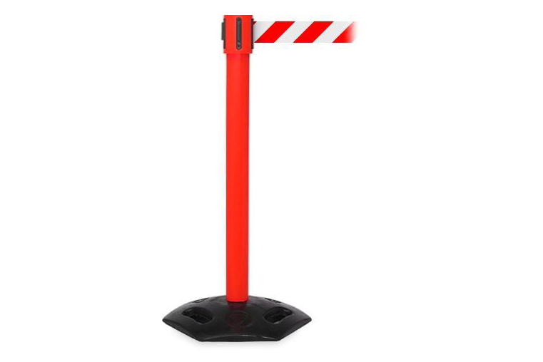 All-Weather Belt Barrier: 10.6M Ribbon Warning Msg + 3 Yr GTE Drive-over Base & Carry Handles Portable with Post Colour Choice