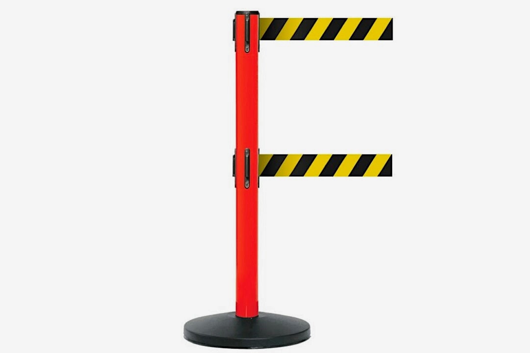 Safety Twin Belt Barrier: 3.4m Warning Design & Messages Connectivity 4 Way Belt Lock Ideal for Outdoor Waiting Lines