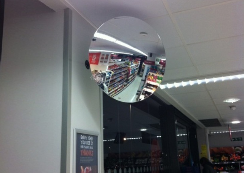 Surveillance mirrors, economical, easy to install. Mount to wall or ceiling with 120 degree moveable ball joint. Internal use, variety of sizes