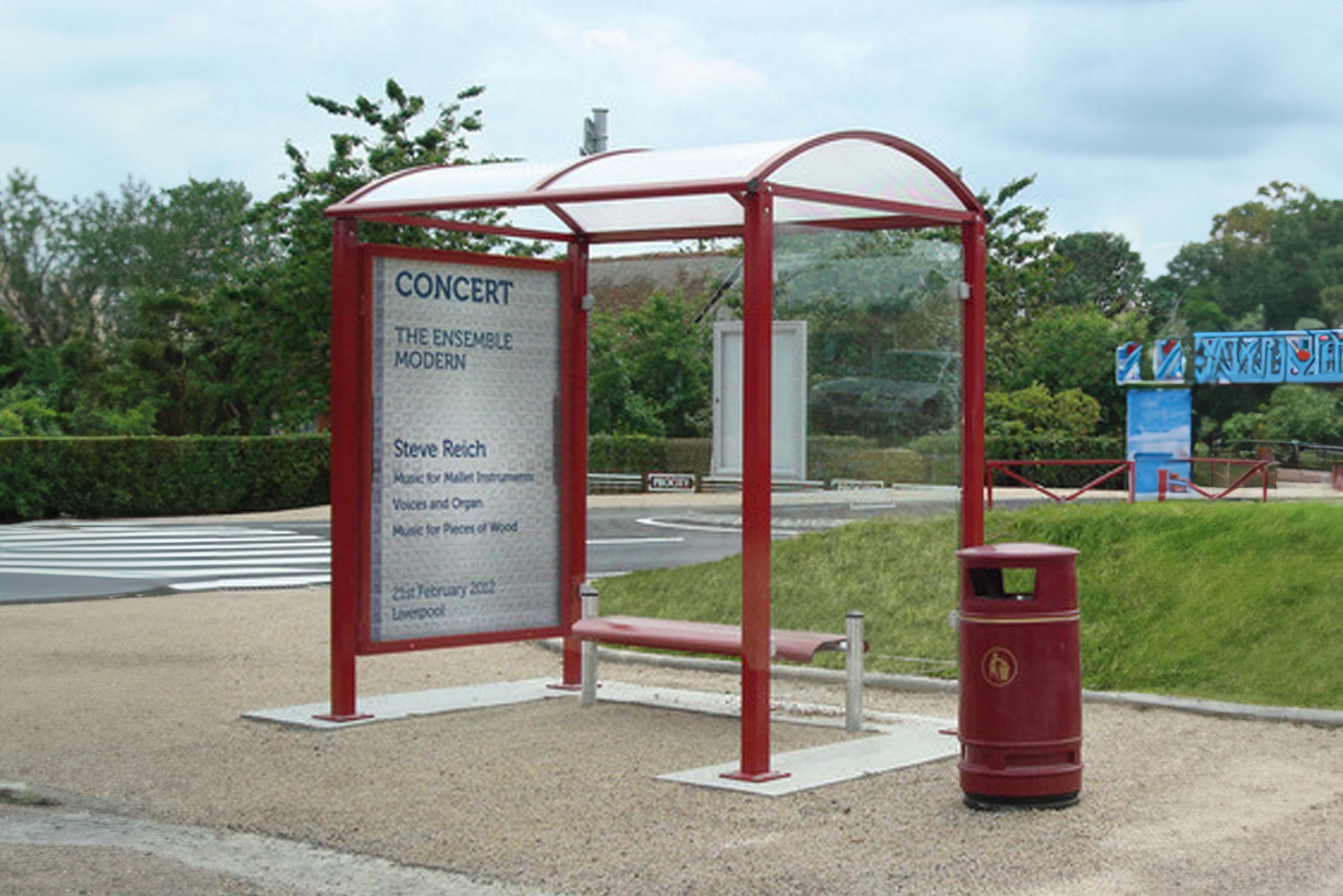 Bus Shelter with Barrel RoofTimetable Display Case Included UV Cellular Roof 6mm Panels Side & Rear 8mm Safety Glass Elegant, Robust & Contemporary